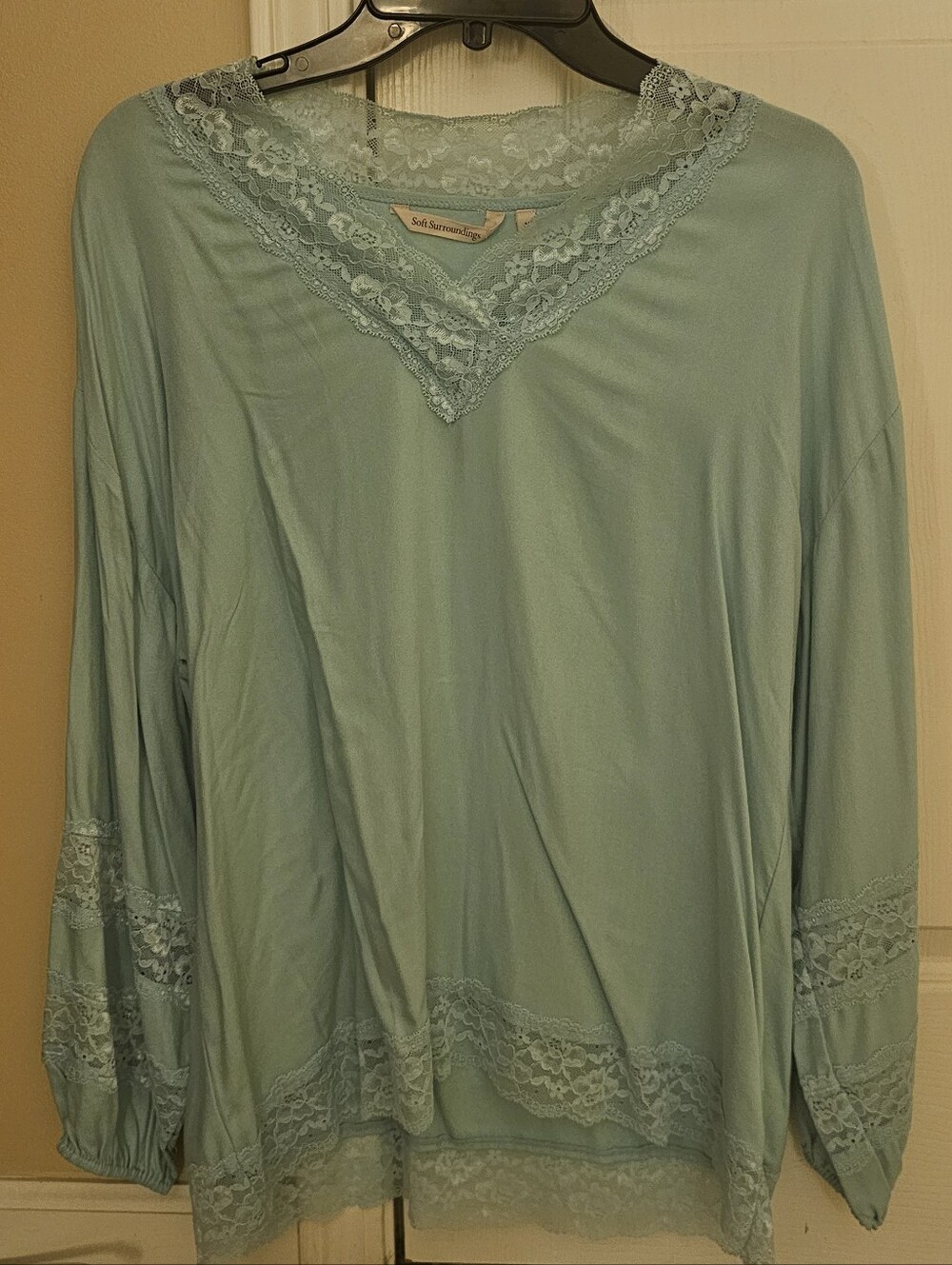 Soft Surroundings Teal Lace-Trim Long Sleeve Top